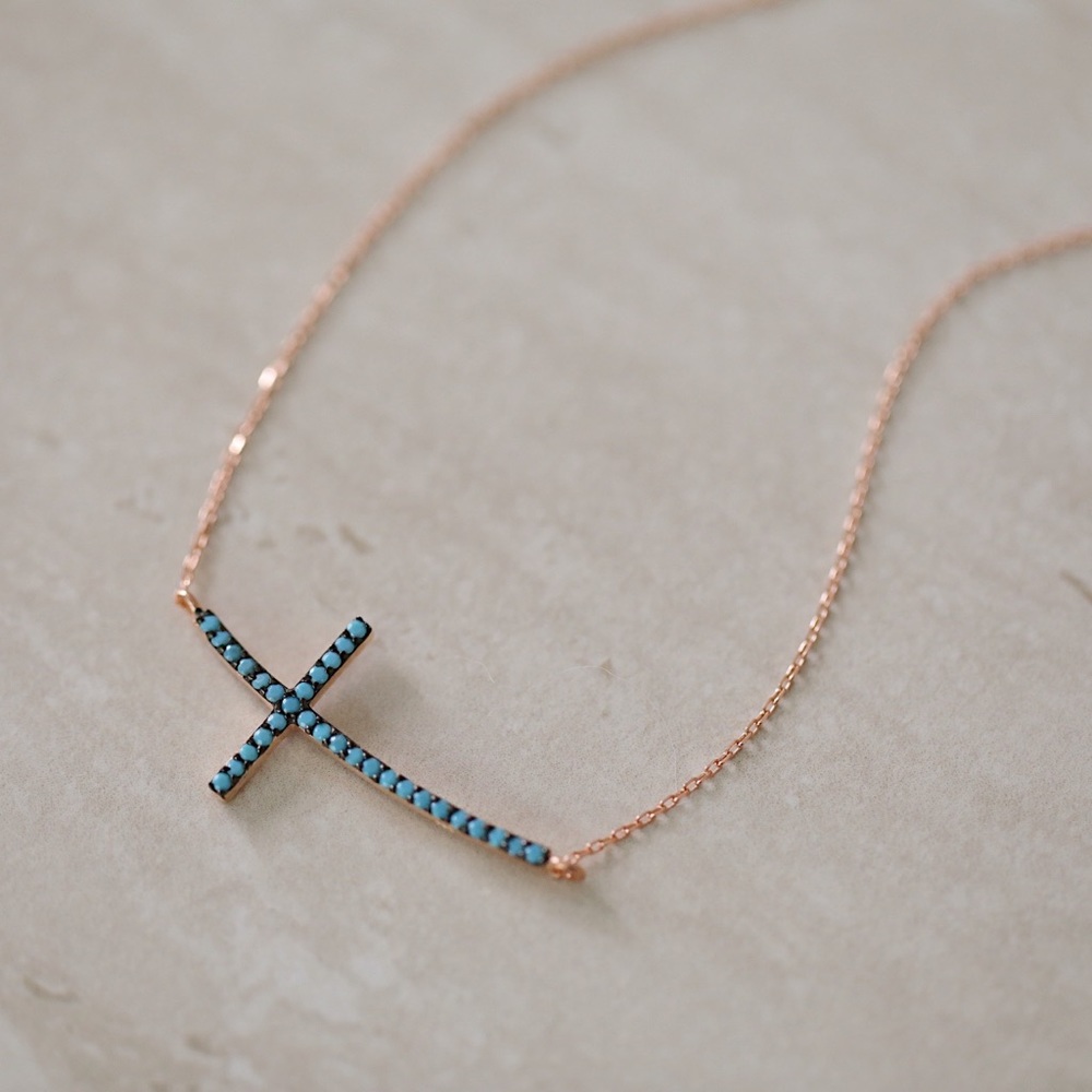 Turquoise Cross Necklace | 14k Rose Gold Plated - Picture 5 of 7